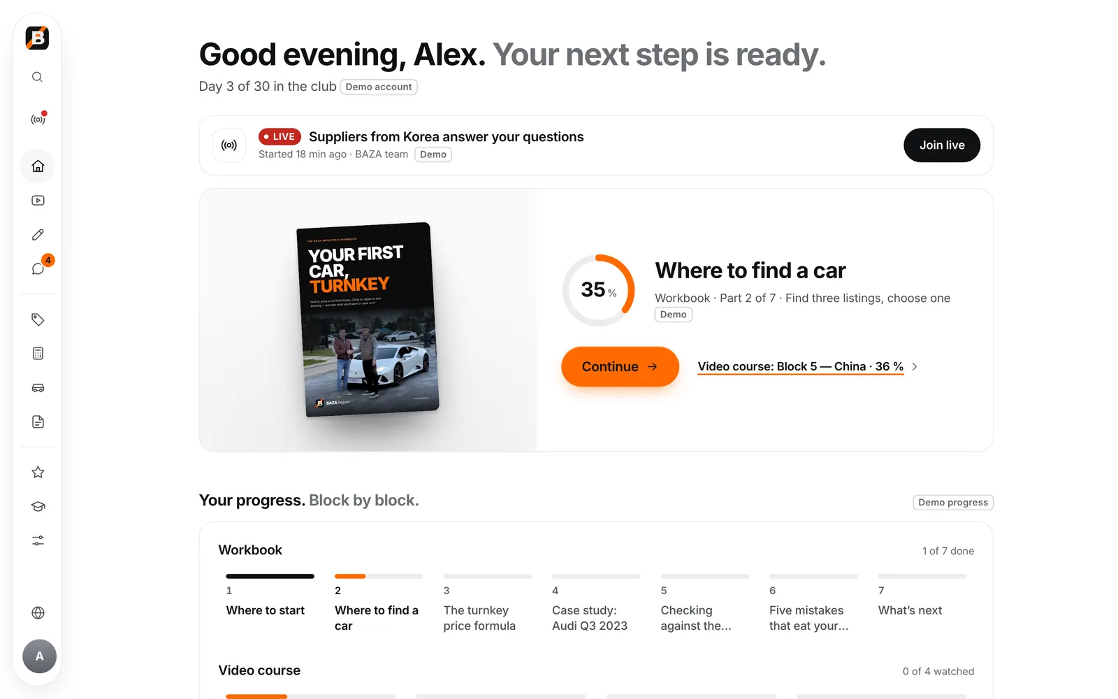 Home page of the BAZA club platform: live session, “Day 3 of 30” progress, next workbook step